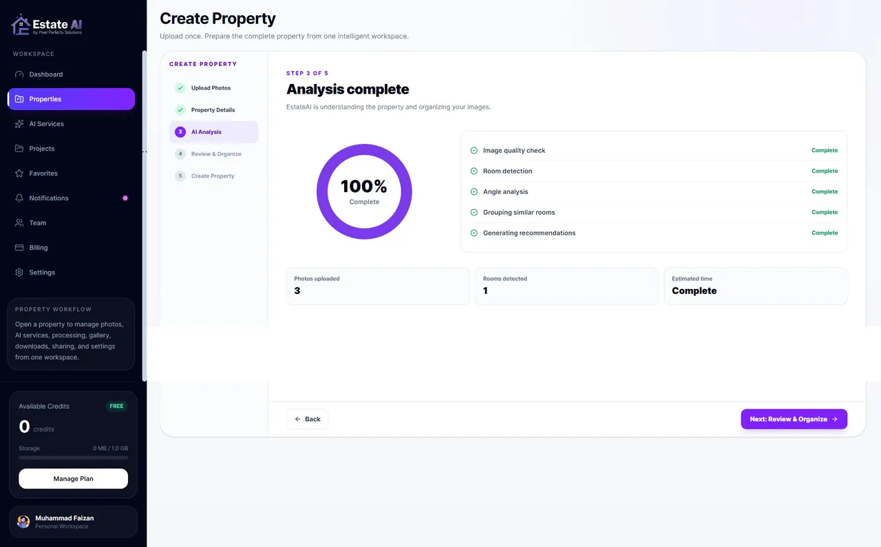 EstateAI property analysis and room organisation interface
