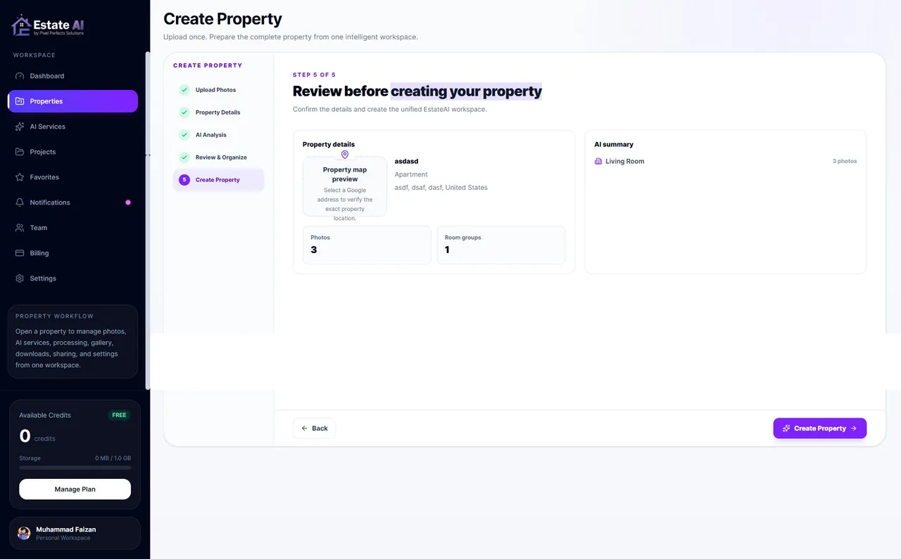 EstateAI interface showing create the property