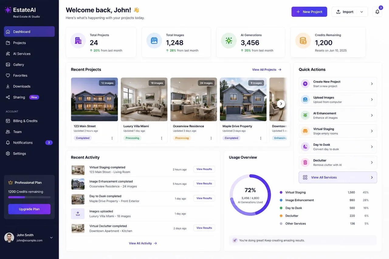 EstateAI dashboard showing the property-first application experience